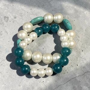 Chic Pearl and Teal Beaded Bracelet Set